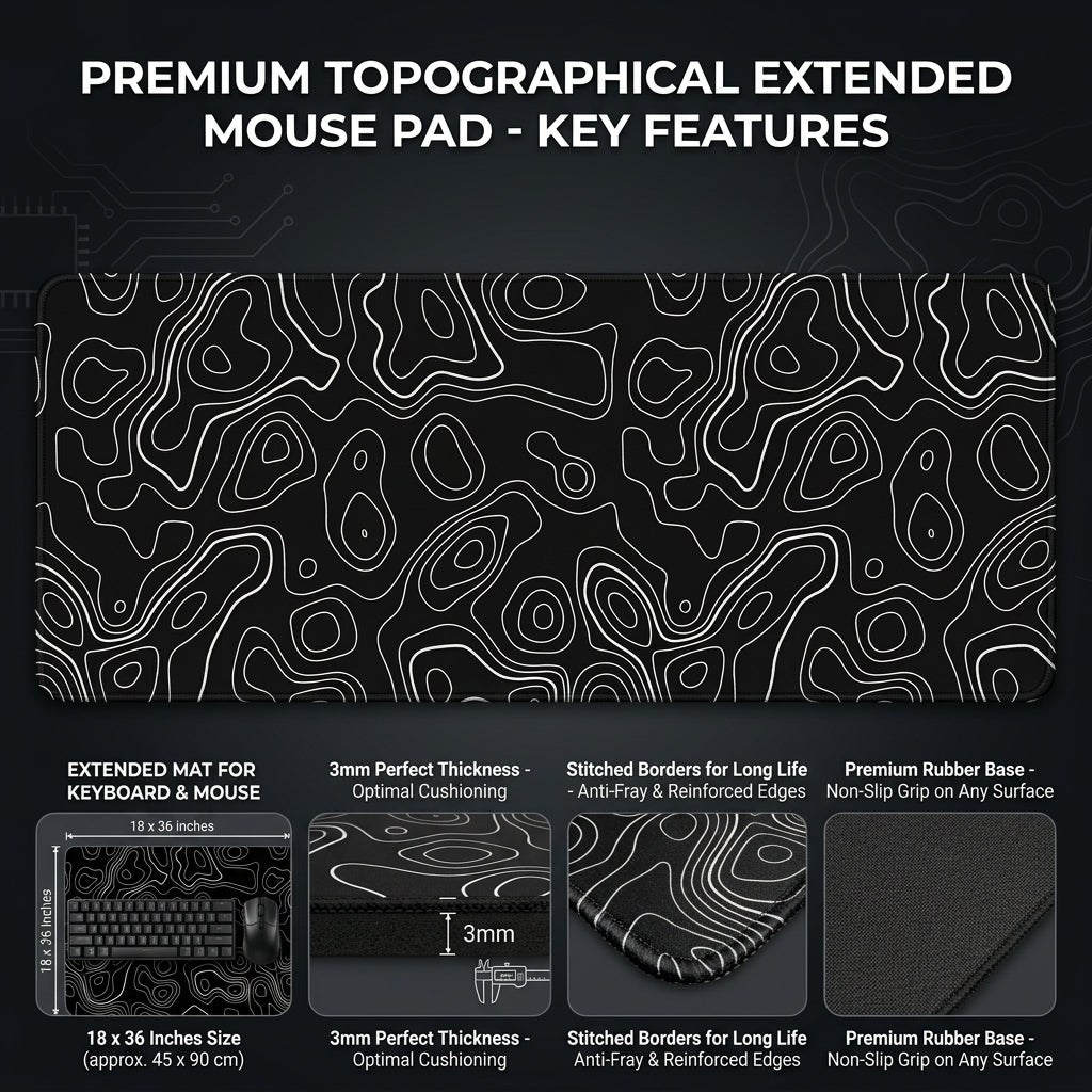 Contour Black Extended Topography Desk Mat Mouse Pad