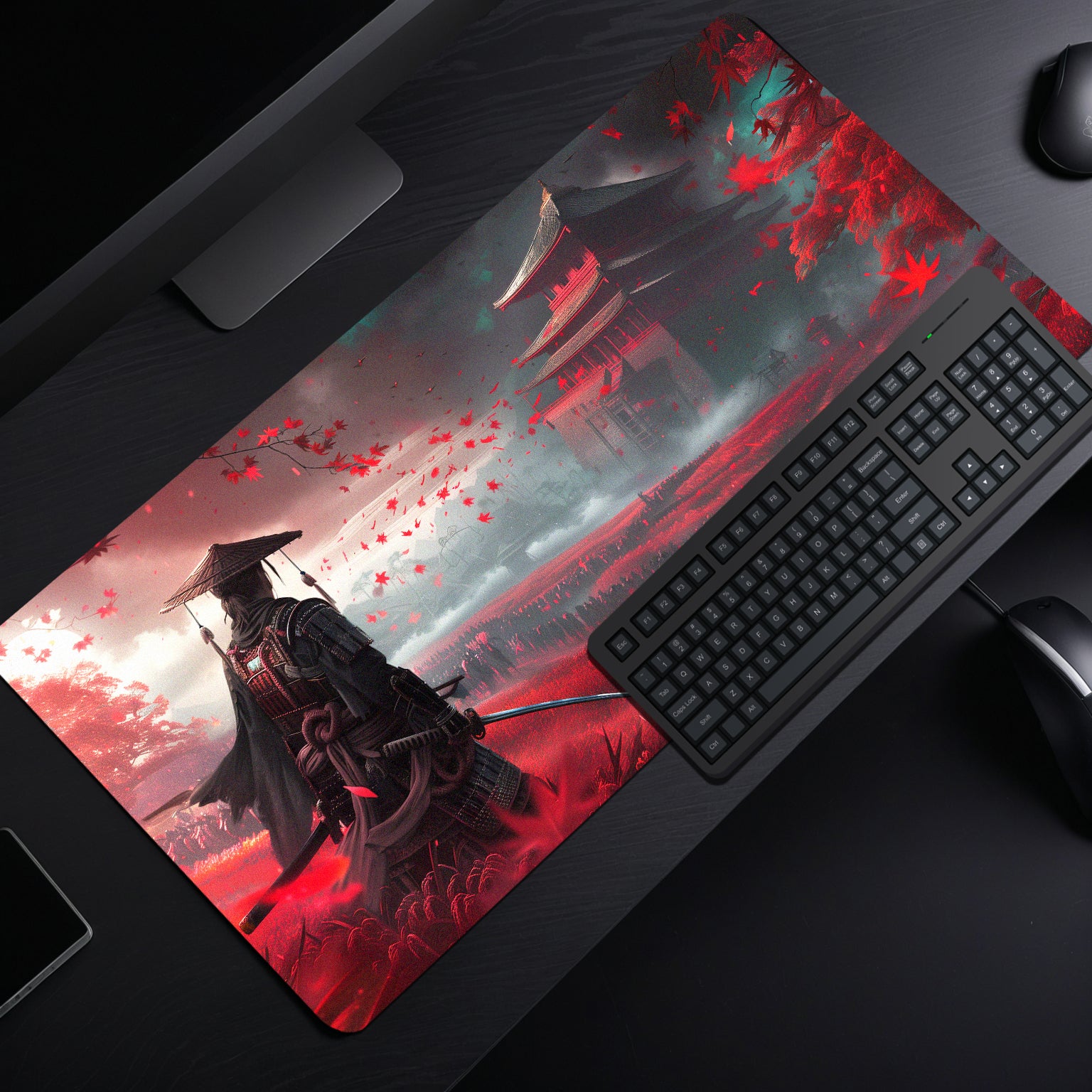 Crimson Ronin Extended Desk Mouse Pad – Samurai-Inspired Gaming & Work Surface