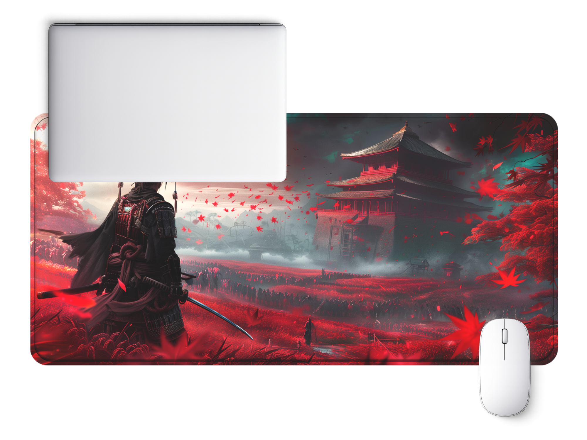 Crimson Ronin Extended Desk Mouse Pad – Samurai-Inspired Gaming & Work Surface