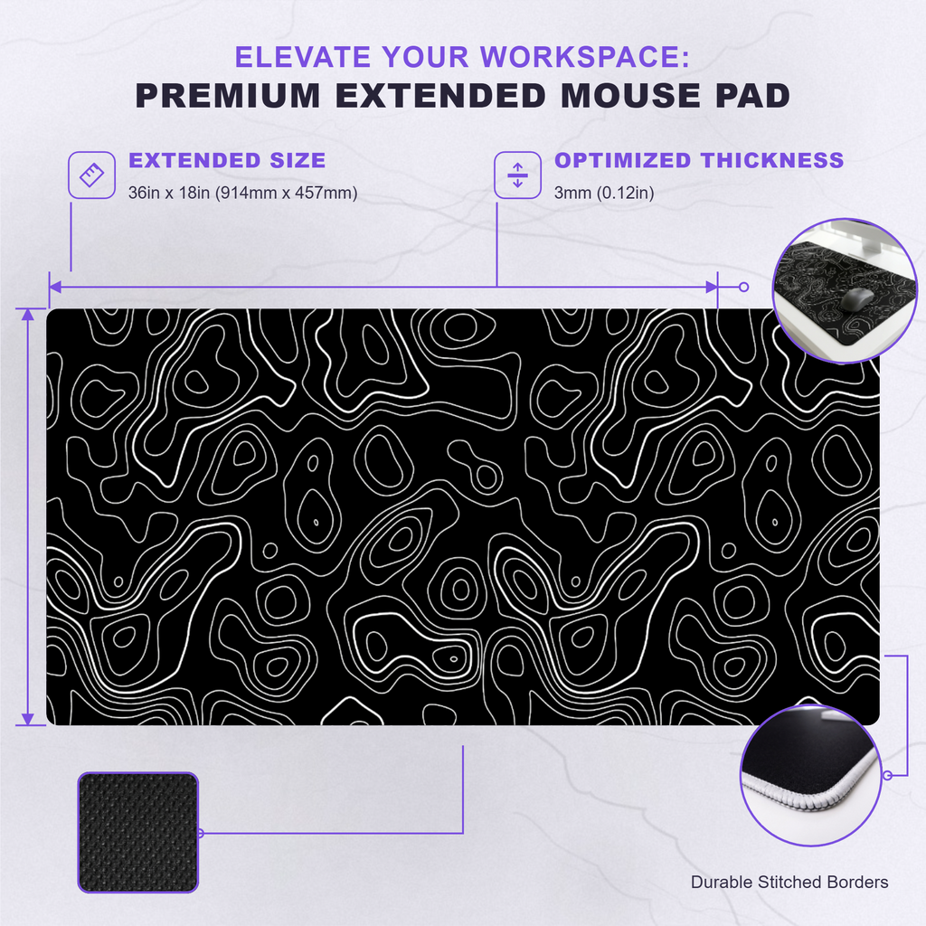 Contour Black Extended Topography Desk Mat Mouse Pad