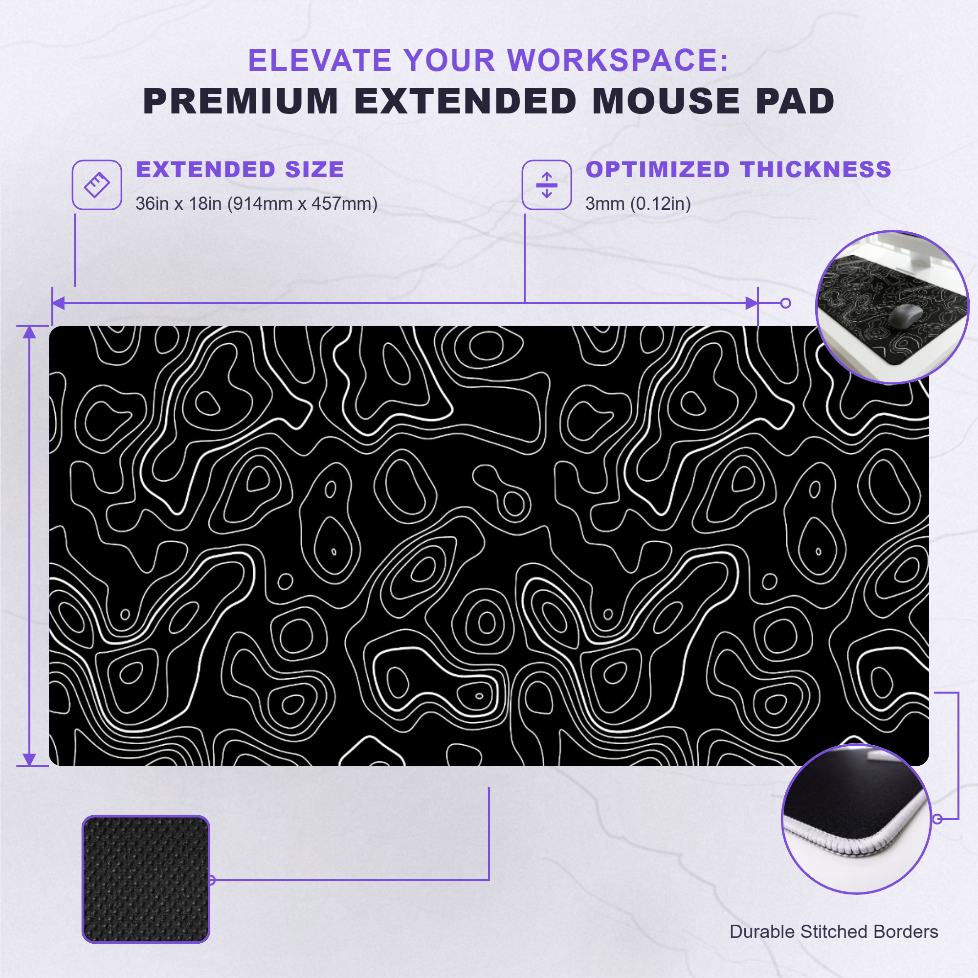 Contour Black Extended Topography Desk Mat Mouse Pad
