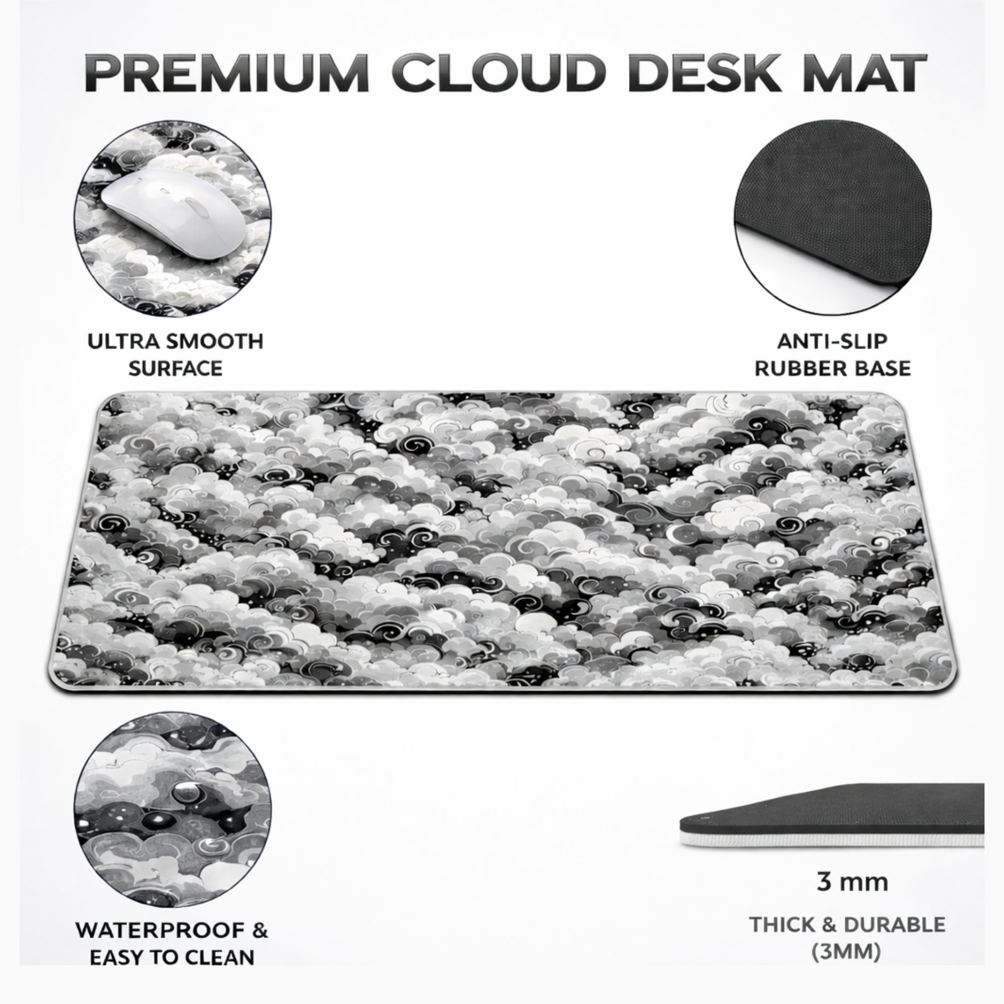 Monochrome Cloudwave Desk Mat Mouse Pad