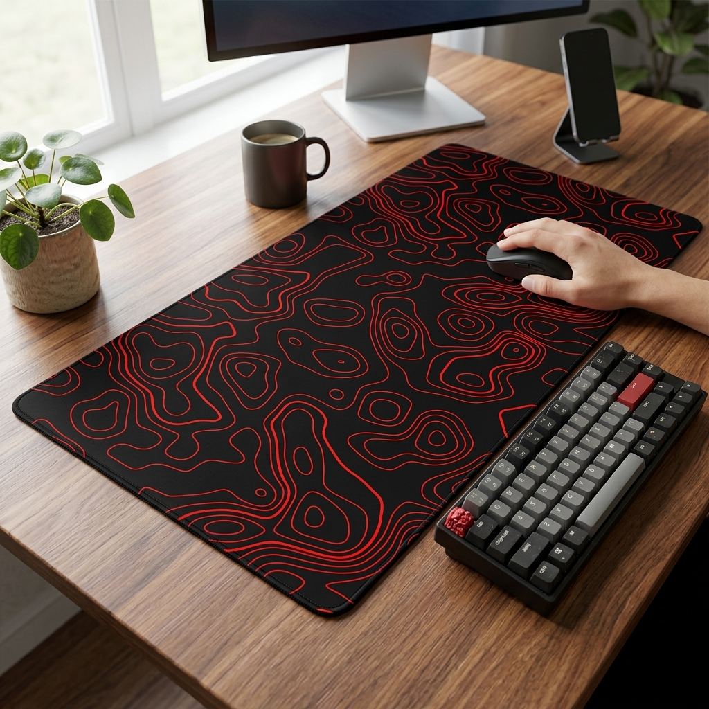 Contour Black & Red Topography Desk Mat Mouse Pad