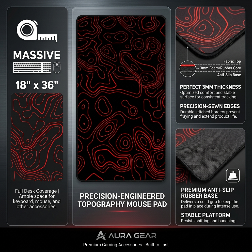 Contour Black & Red Topography Desk Mat Mouse Pad
