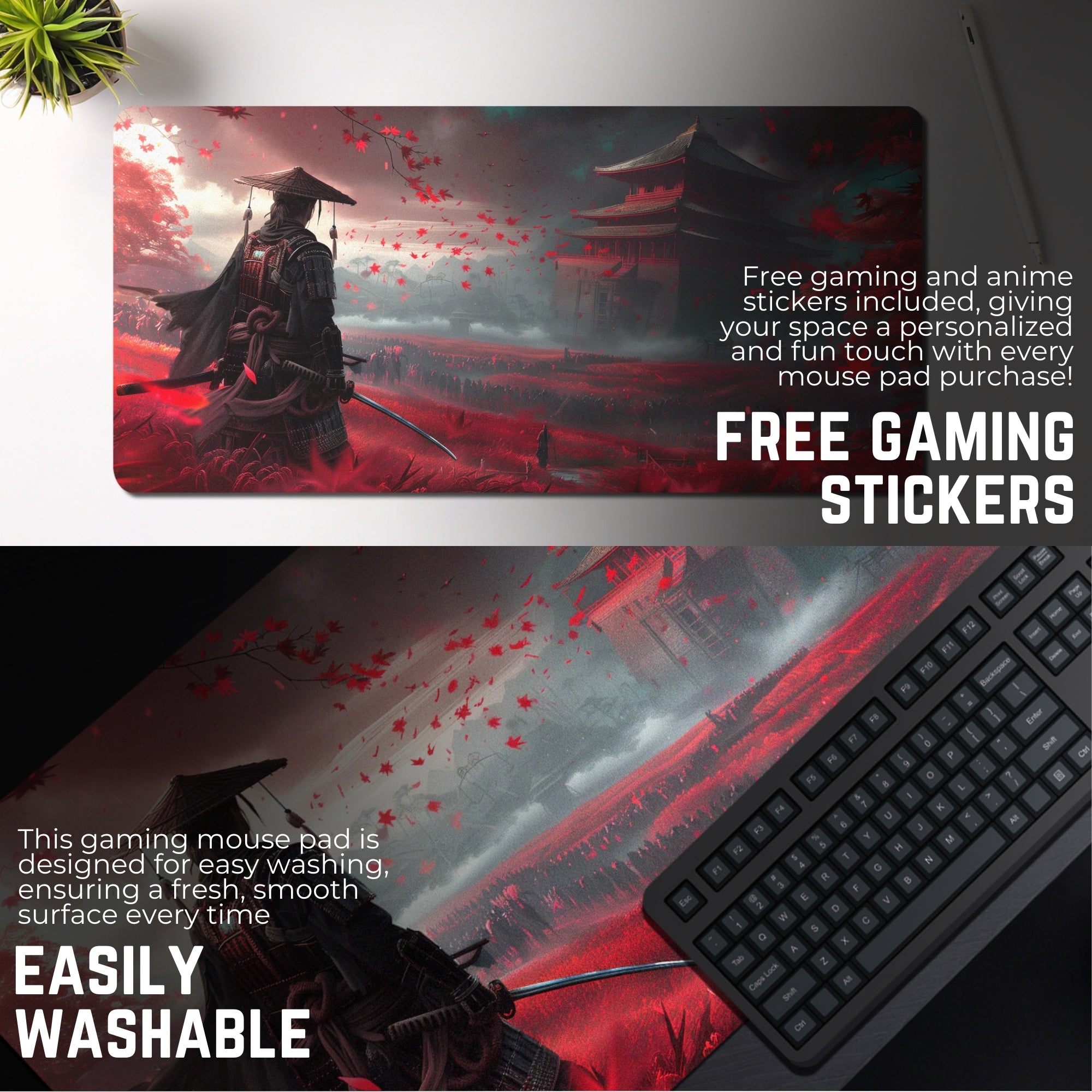 Crimson Ronin Extended Desk Mouse Pad – Samurai-Inspired Gaming & Work Surface
