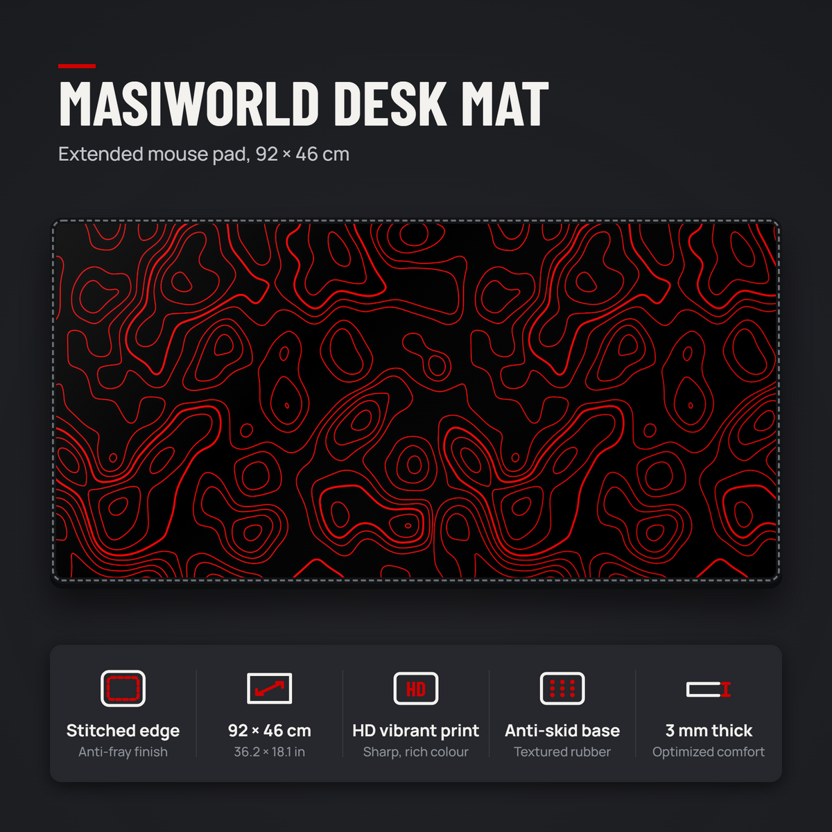Contour Black & Red Topography Desk Mat Mouse Pad