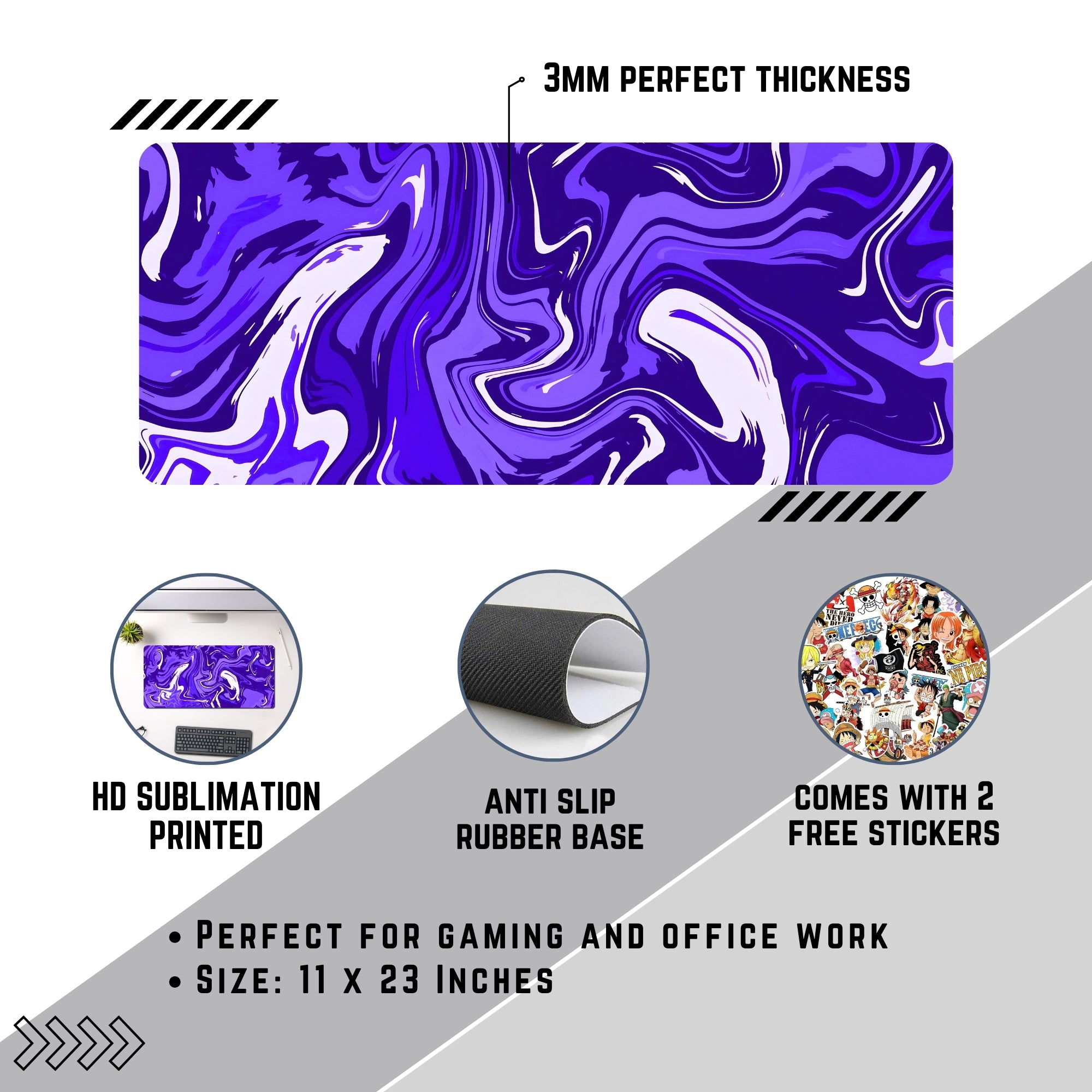 Purple Flux Abstract Mouse Pad (11 x 23 Inches) - 3mm Stitched Mouse Pad